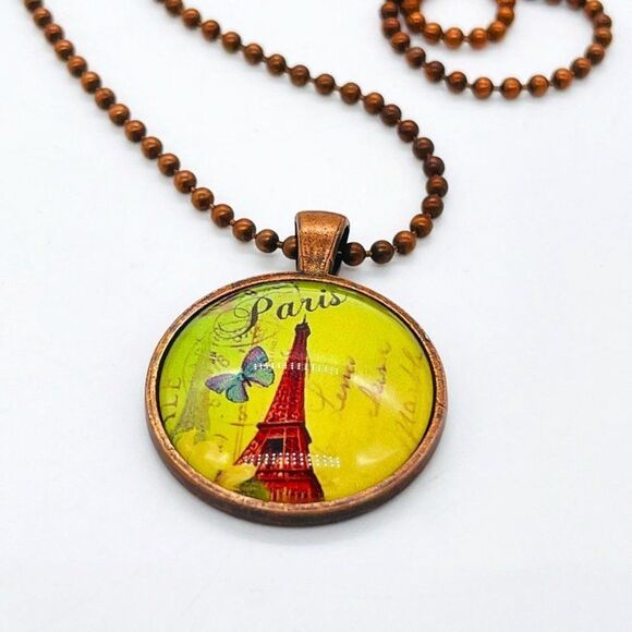 Paris Emblem Necklace with Dog Tag Motif and Chain Copper Color 12" Chain - Picture 1 of 7